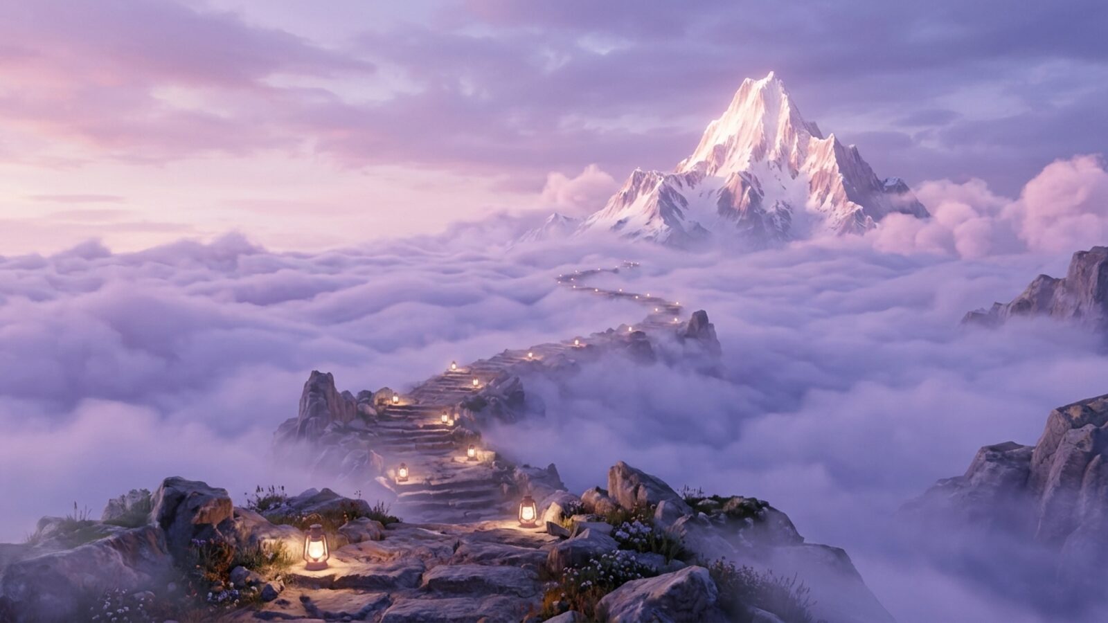 A lantern-lit stone path crossing a cloud sea toward a distant glowing peak