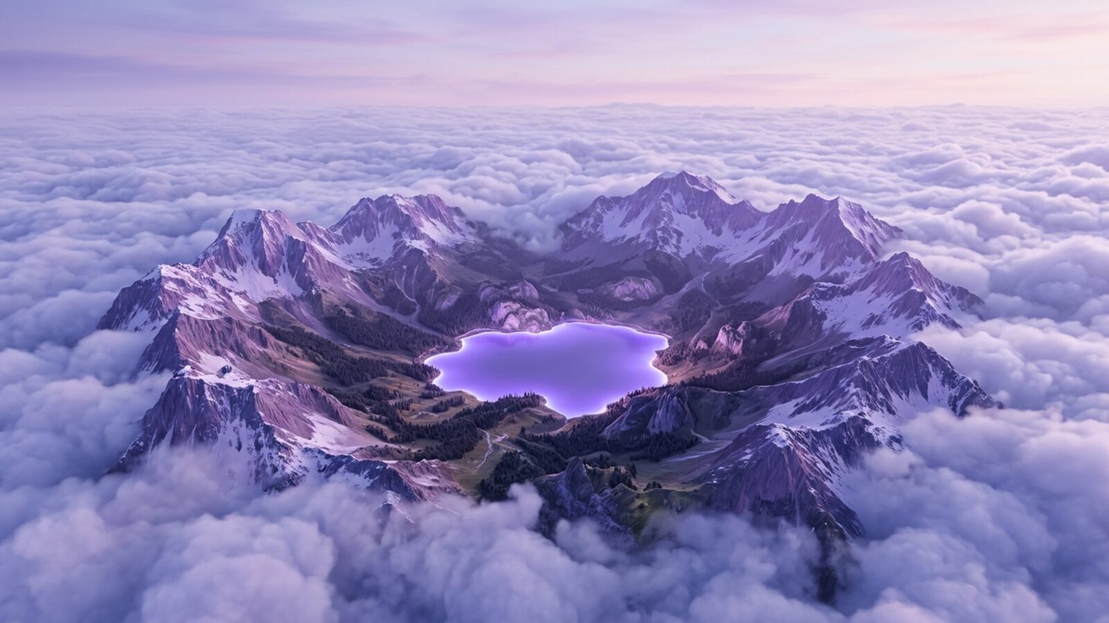 A valley ringed by mountains with a glowing lake at its centre, sealed off by clouds