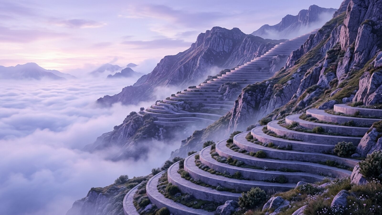Stone terraces stepping up a misty mountainside, each a flat shelf above the last