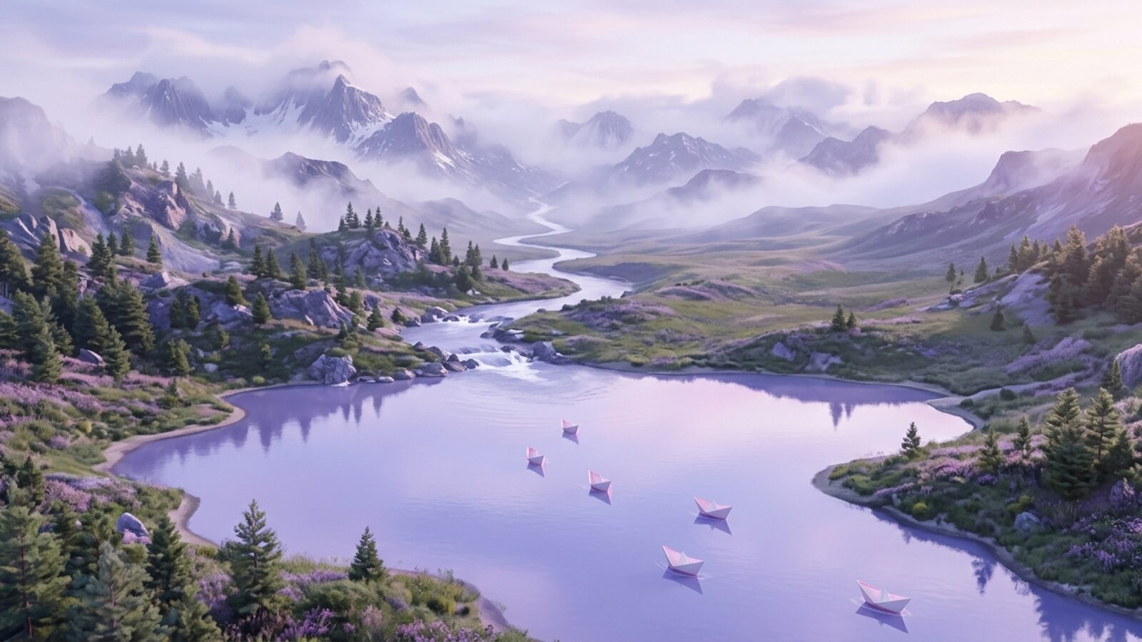A river flowing from misty peaks into a calm lavender lake carrying small paper boats