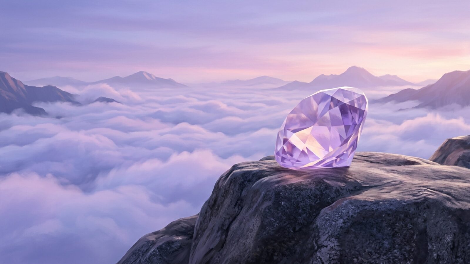 A single pale crystal resting on a summit rock above a sea of clouds